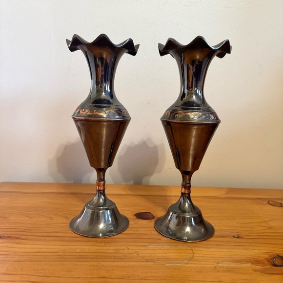 Vintage Bud Vase Set Pair Hand Etched Metal Dark Silver Copper Color - Picture 1 of 7